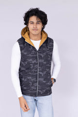 Army print & Ochre Yellow reversible sleeveless puffer jacket