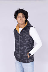 Army print & Ochre Yellow reversible sleeveless puffer jacket