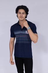Indigo polo T-shirt with Horizontal stripes