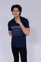 Indigo polo T-shirt with Horizontal stripes