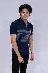 Indigo polo T-shirt with Horizontal stripes