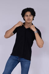 Black polo T-shirt with white tipping details