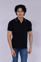 Black polo T-shirt with white tipping details