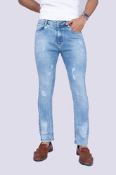 Ice blue light destressed narrow fit jeans