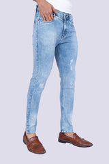Ice blue light destressed narrow fit jeans