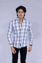 White base shirt with blue checks