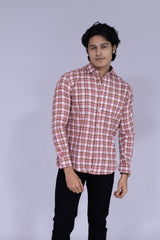 Brown, red and white checked shirt