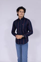 Navy blue and brick colour double striped shirt