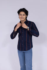 Navy blue and brick colour double striped shirt