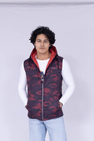 Purple & orange sleeveless reversible hoodie puffer jacket