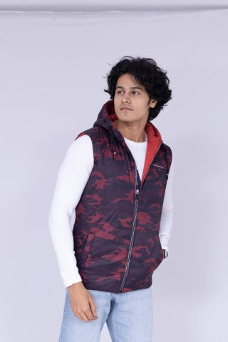 Purple & orange sleeveless reversible hoodie puffer jacket