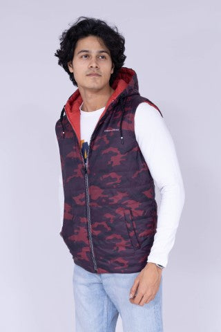 Purple & orange sleeveless reversible hoodie puffer jacket