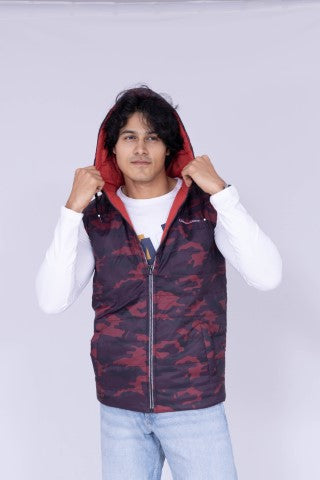 Purple & orange sleeveless reversible hoodie puffer jacket