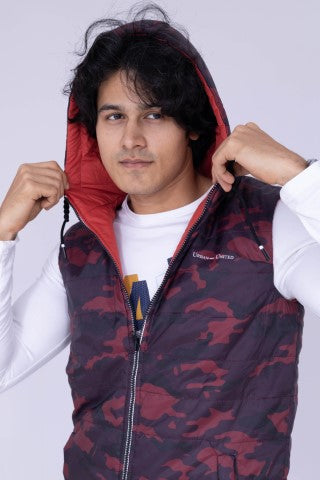 Purple & orange sleeveless reversible hoodie puffer jacket