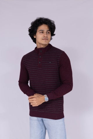 High neck striped sweatshirt in wine