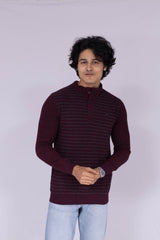 High neck striped sweatshirt in wine