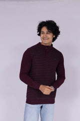 High neck striped sweatshirt in wine