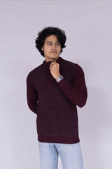 High neck striped sweatshirt in wine