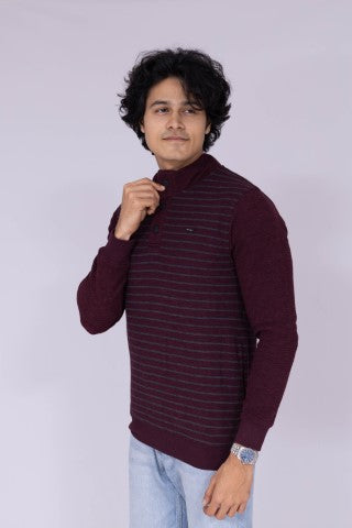 High neck striped sweatshirt in wine