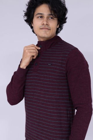 High neck striped sweatshirt in wine