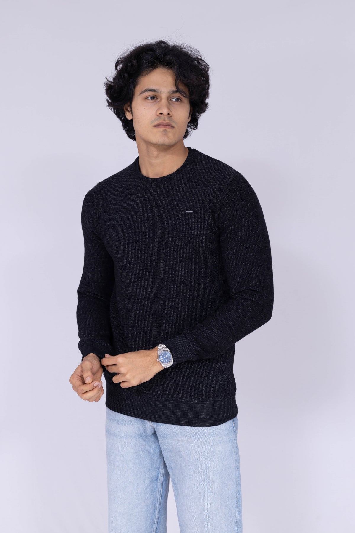 Lightly textured dark blue sweatshirt