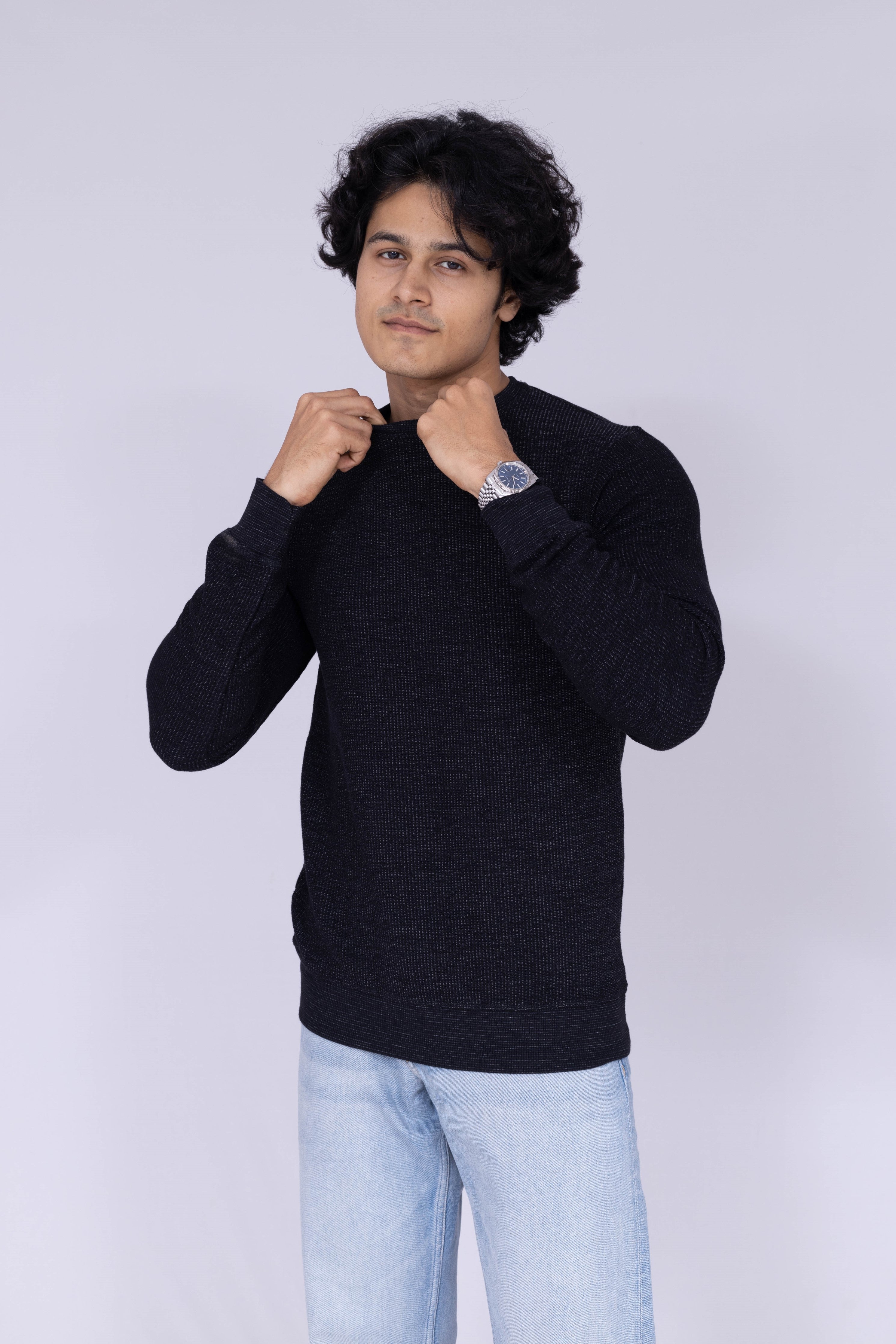 Lightly textured dark blue sweatshirt