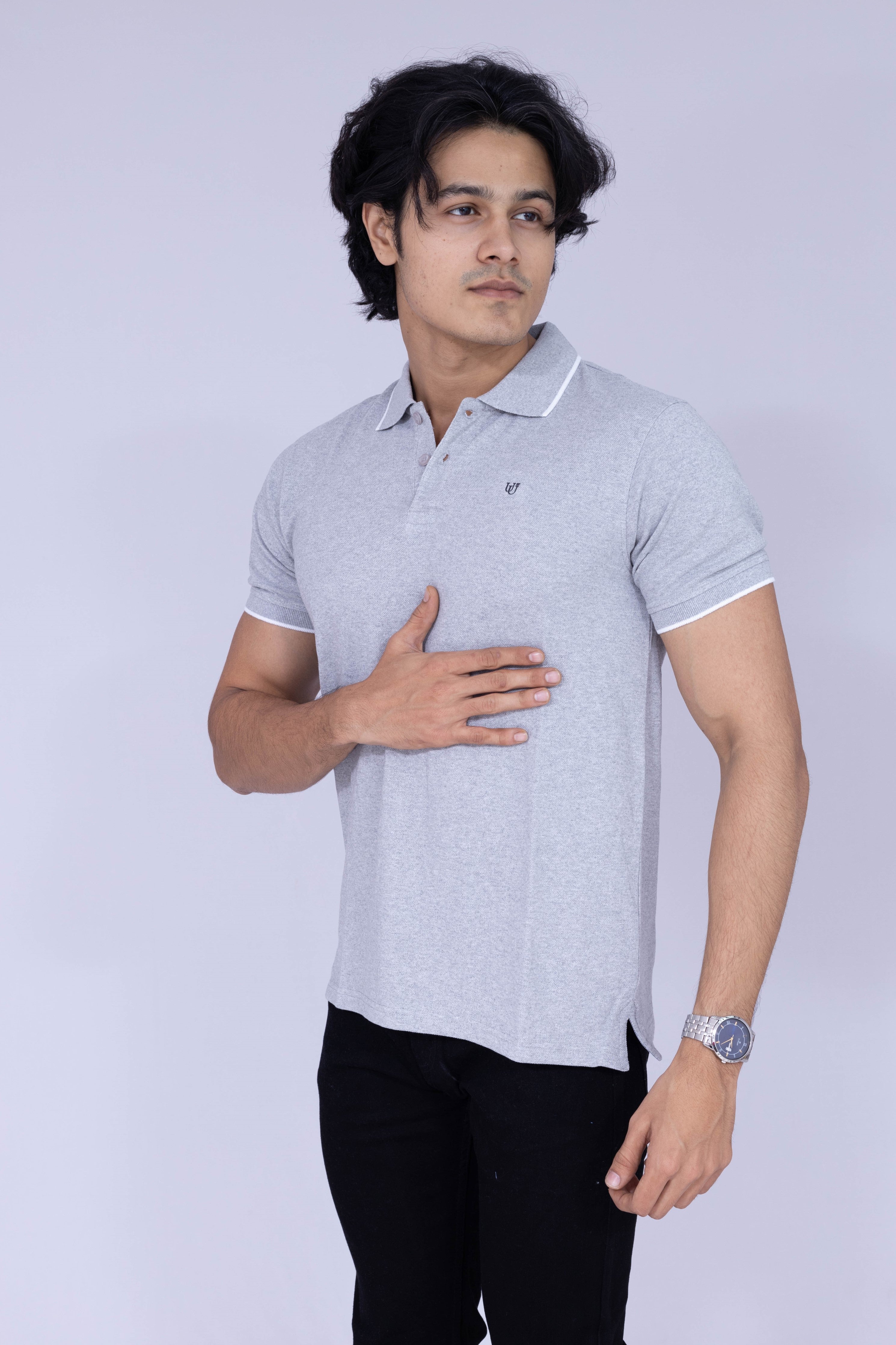 Light grey polo T-shirt with white details