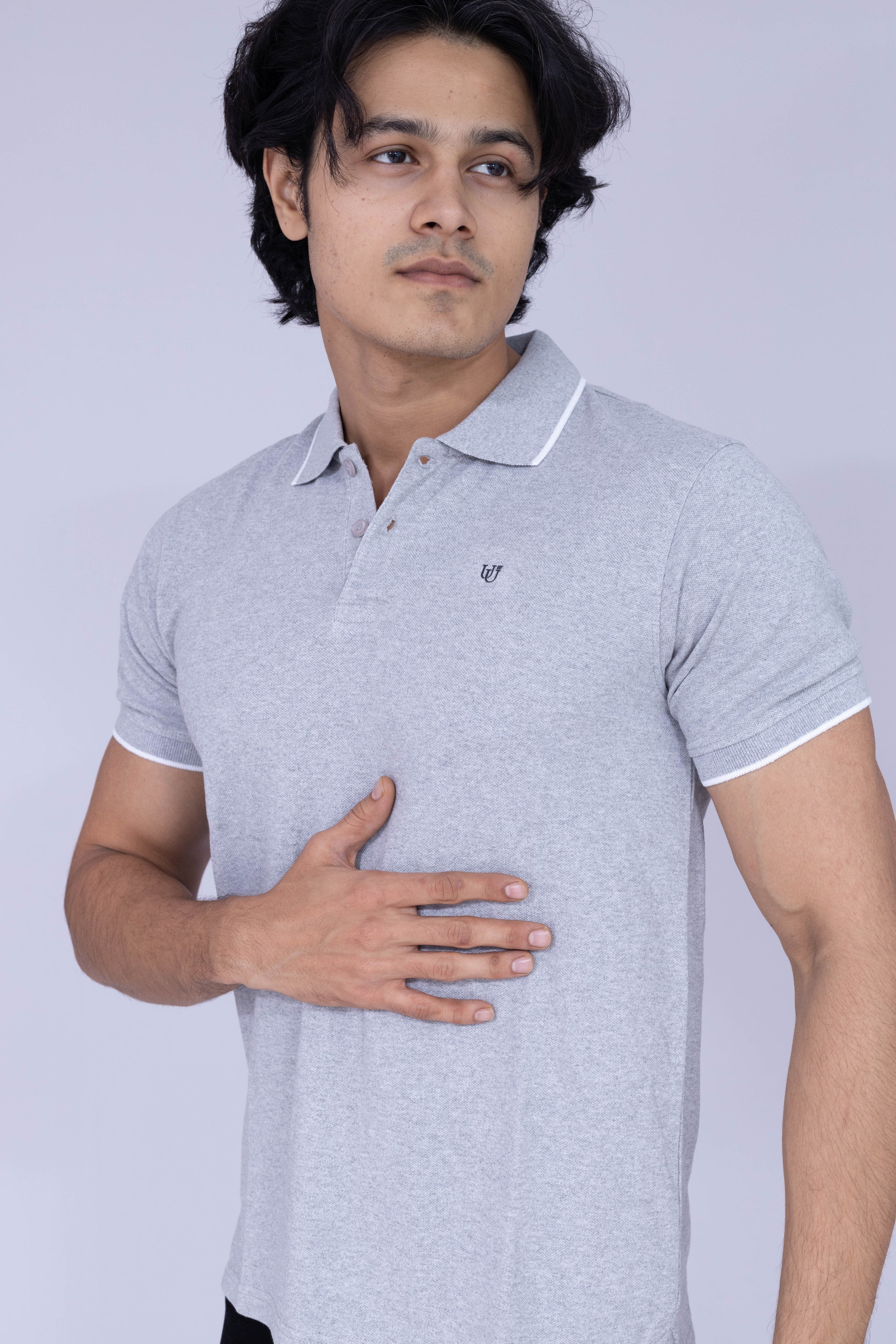 Light grey polo T-shirt with white details