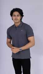 Dark grey polo T-shirt with maroon and black details