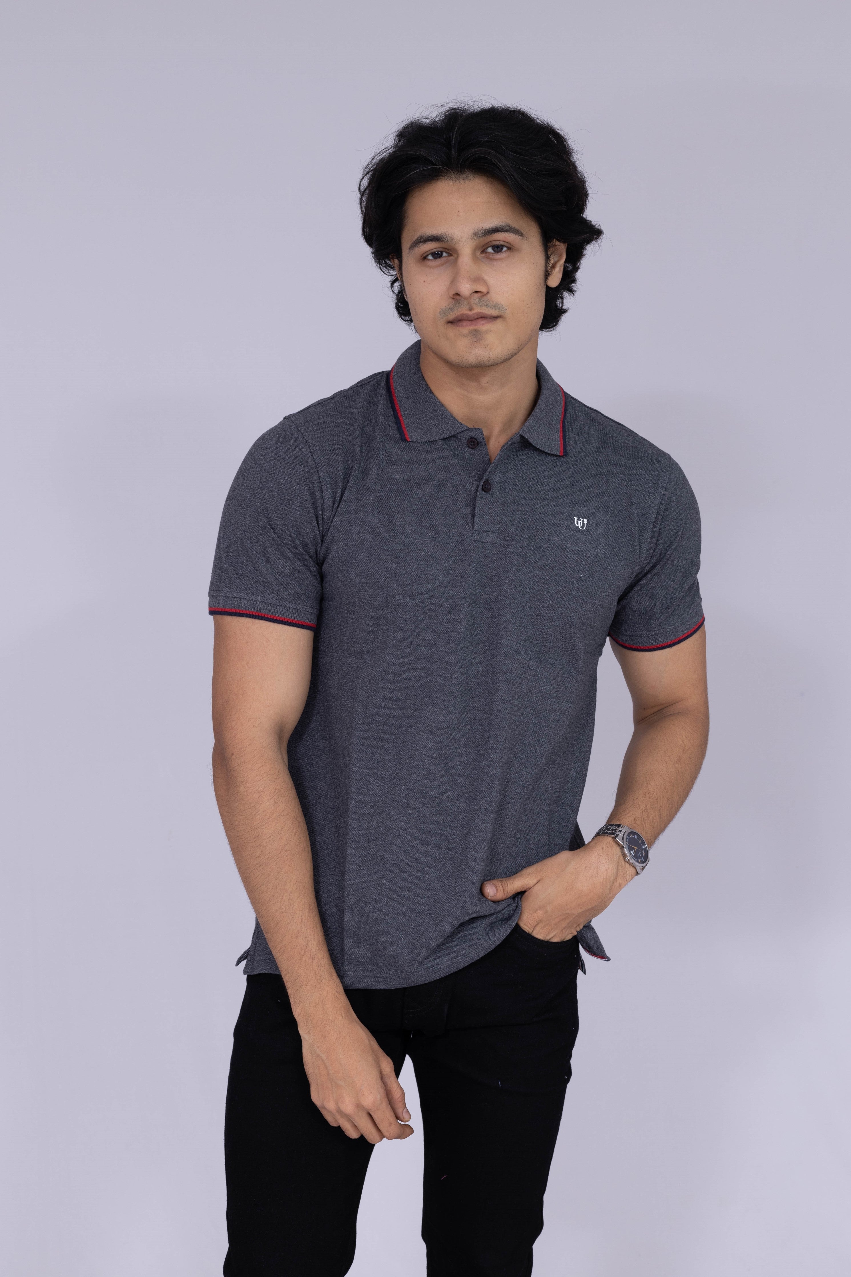 Dark grey polo T-shirt with maroon and black details