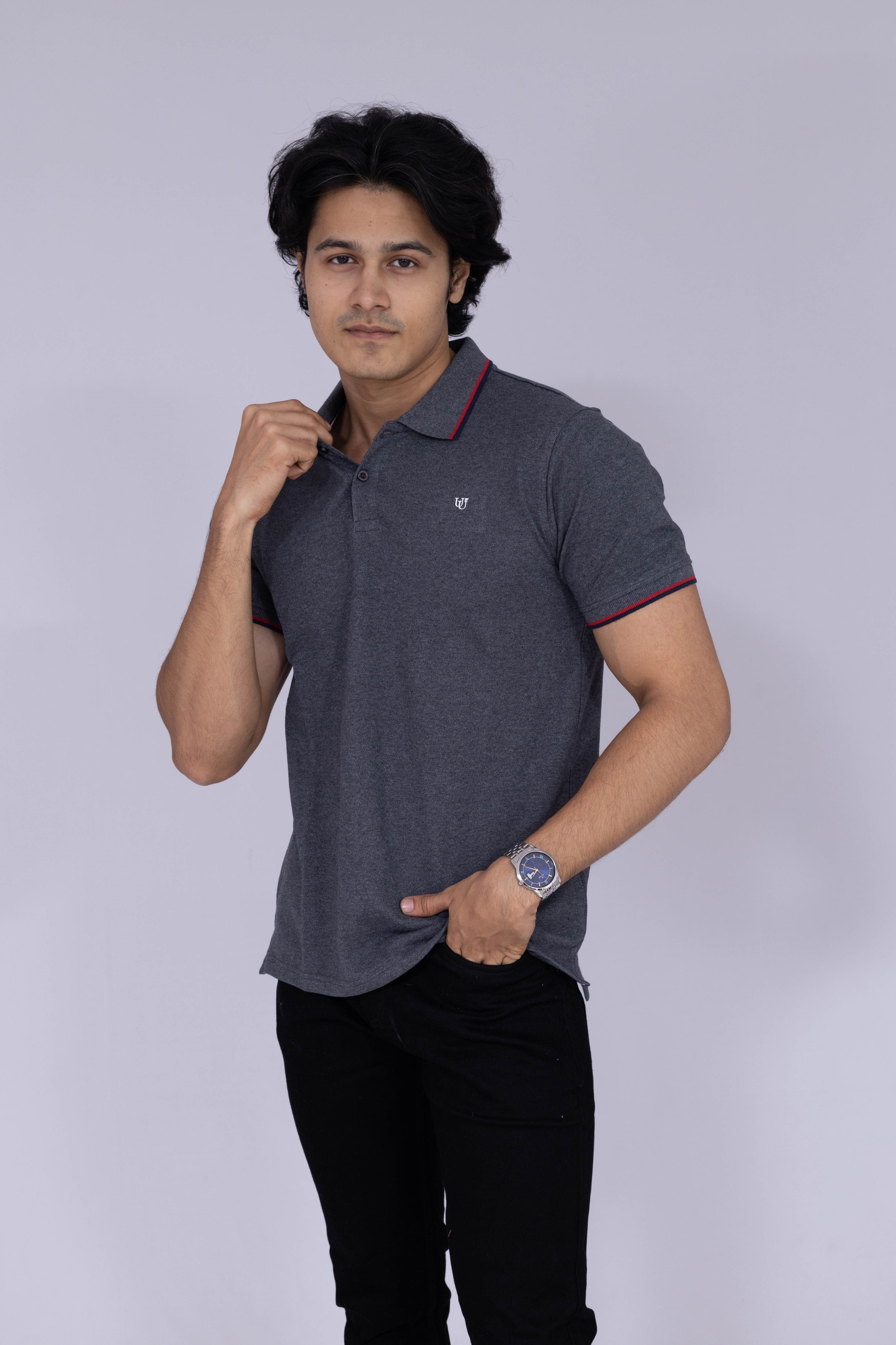 Dark grey polo T-shirt with maroon and black details