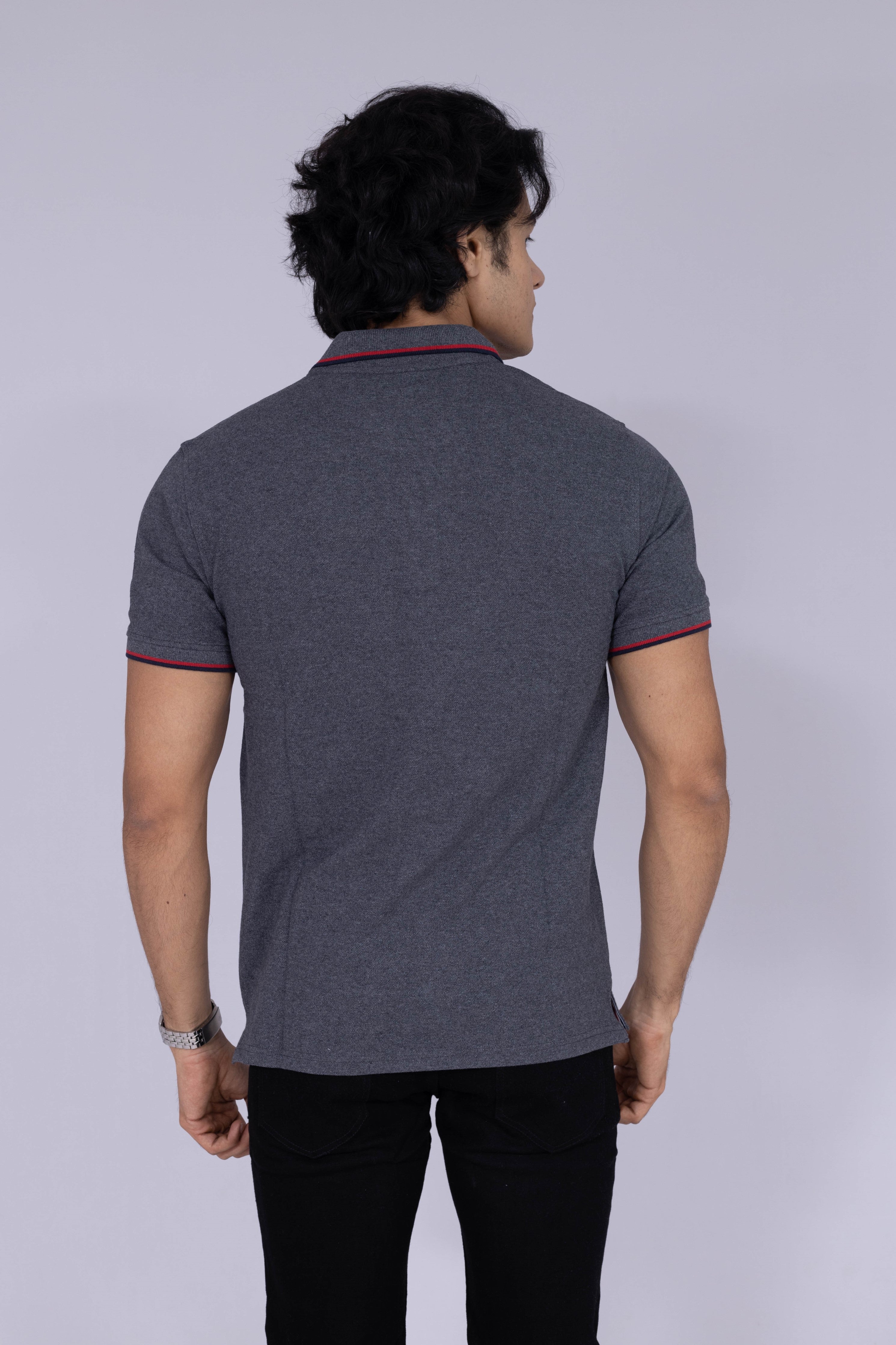 Dark grey polo T-shirt with maroon and black details