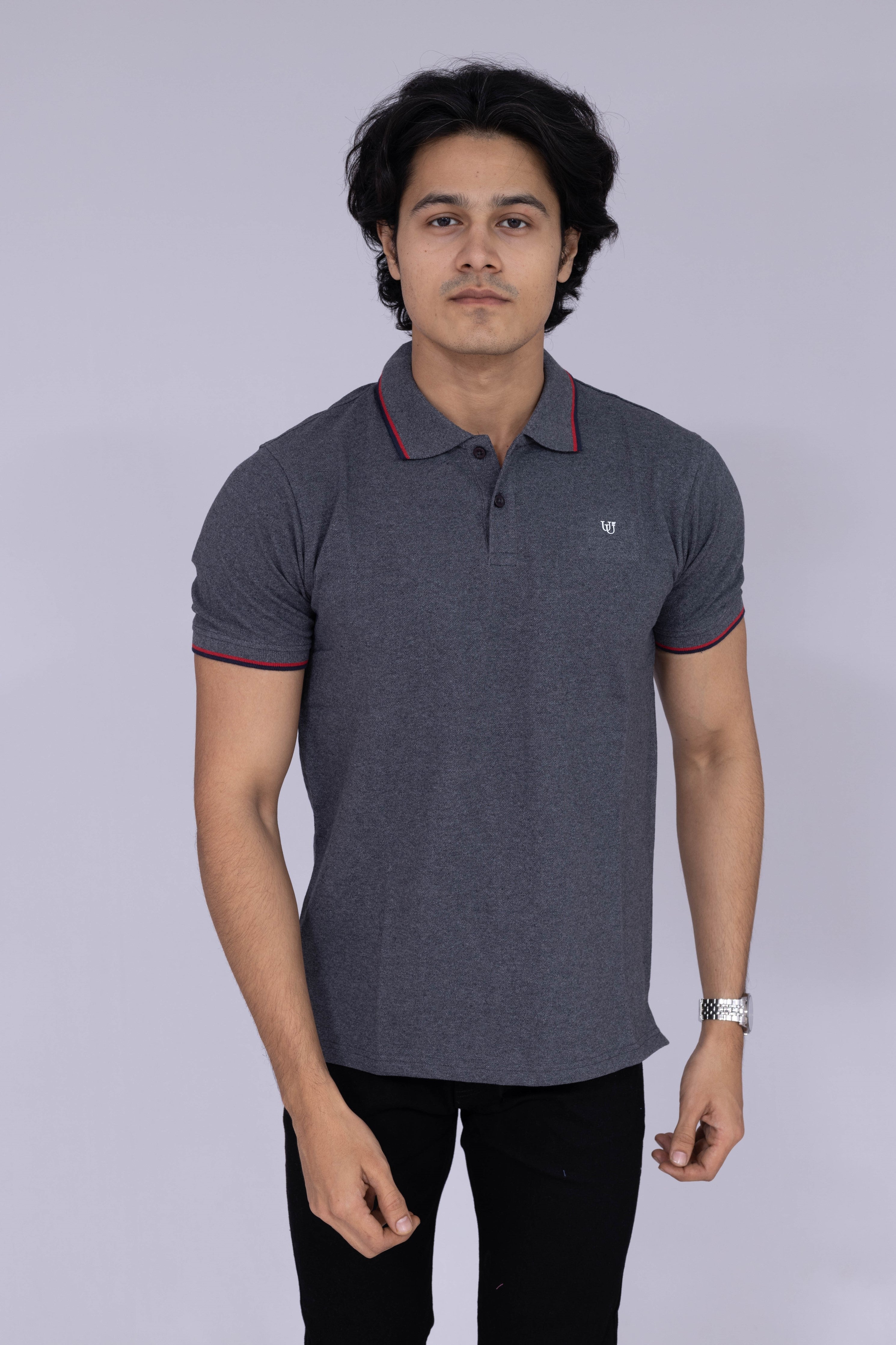 Dark grey polo T-shirt with maroon and black details