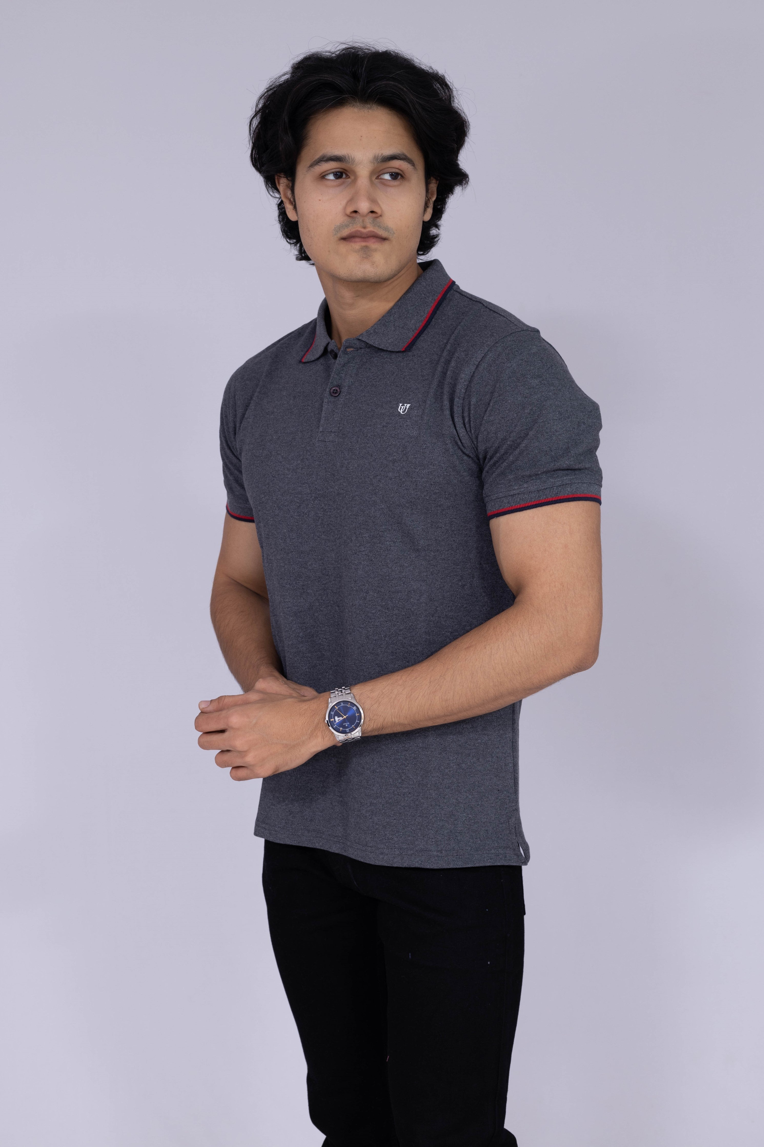 Dark grey polo T-shirt with maroon and black details