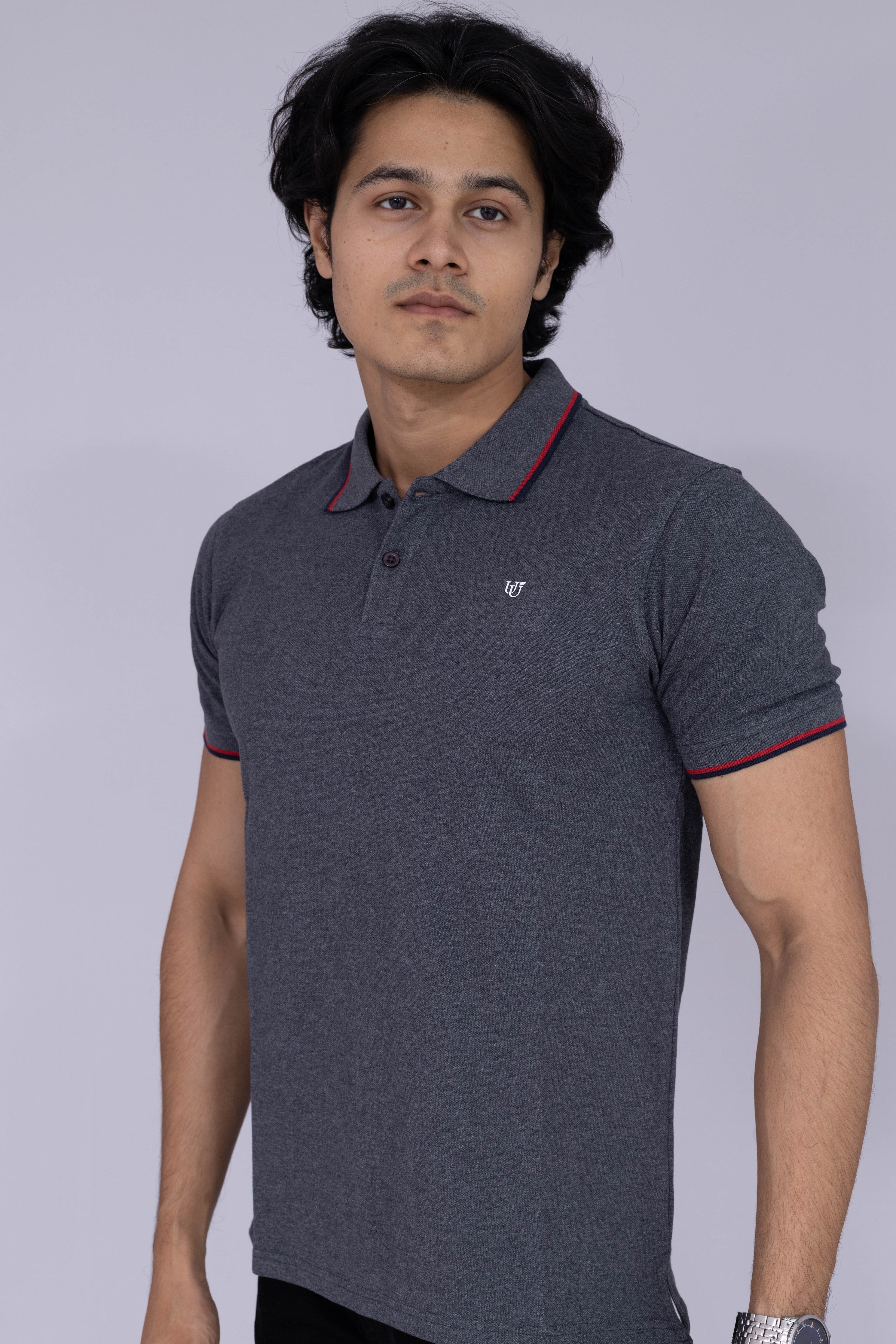 Dark grey polo T-shirt with maroon and black details