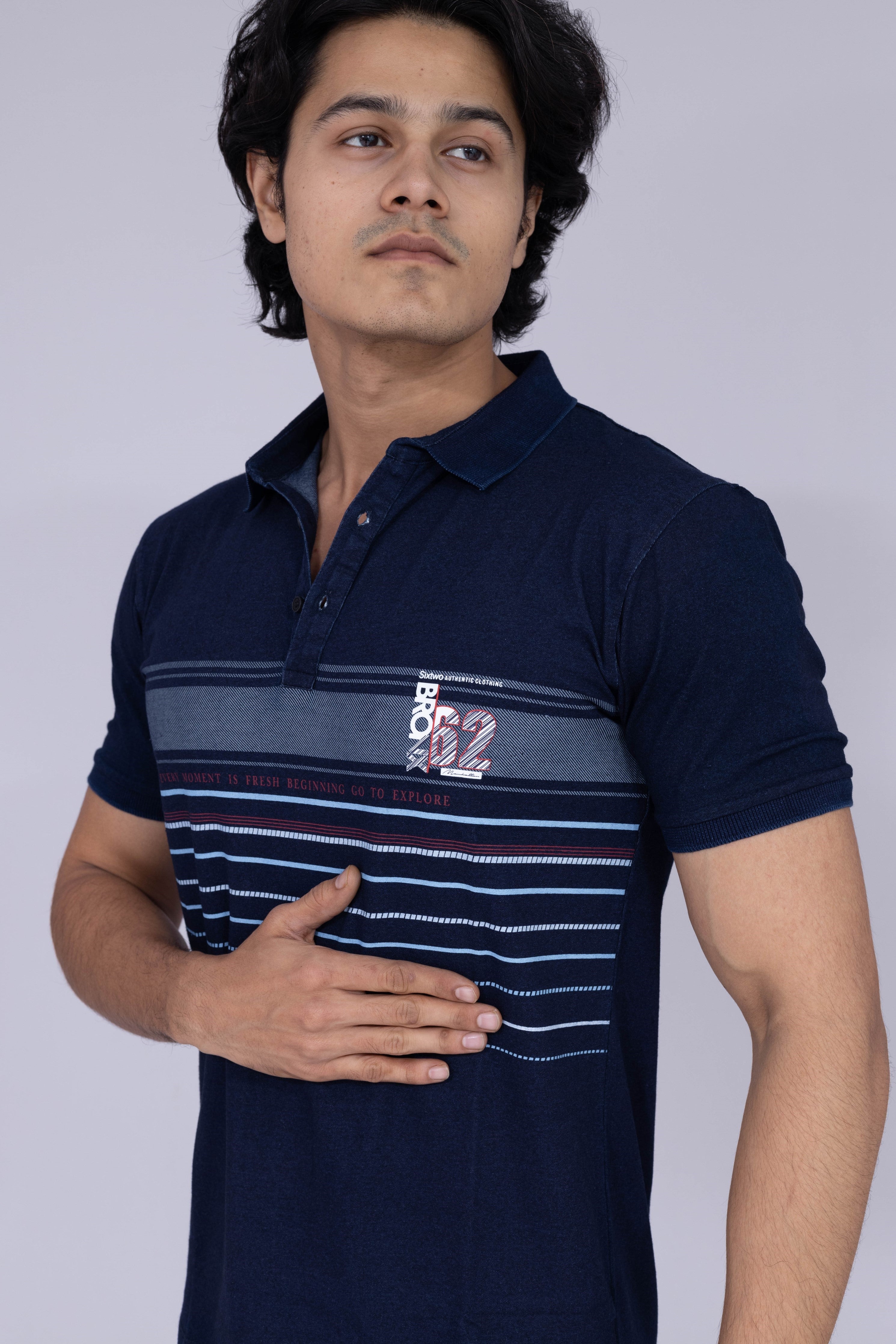 Indigo polo T-shirt with Horizontal stripes
