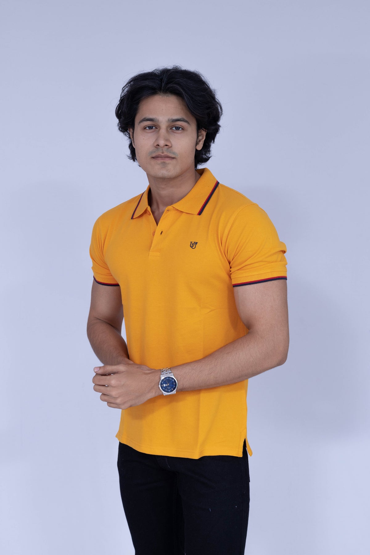 Yellow polo T-shirt with red and white details