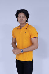 Yellow polo T-shirt with red and white details