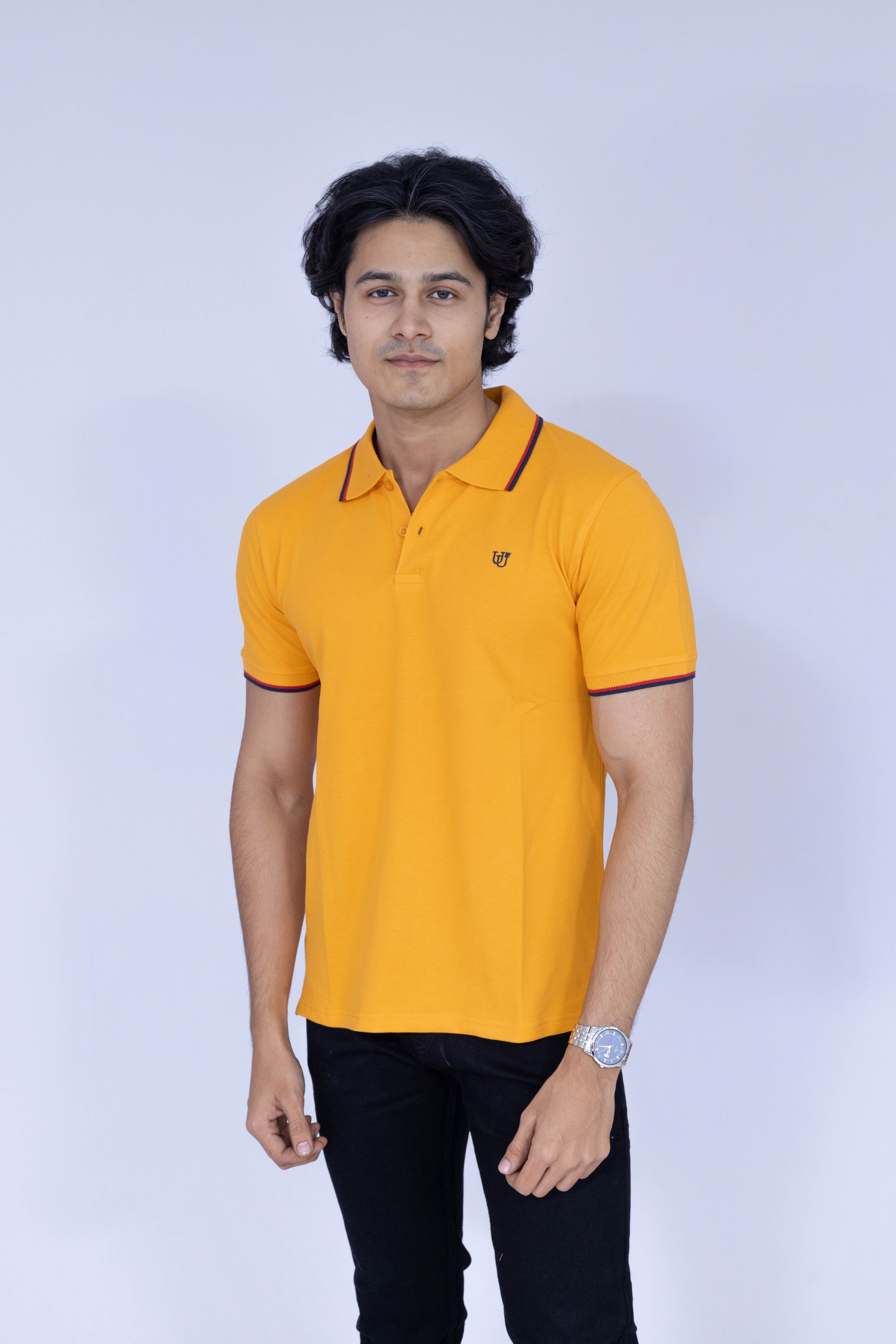 Yellow polo T-shirt with red and white details