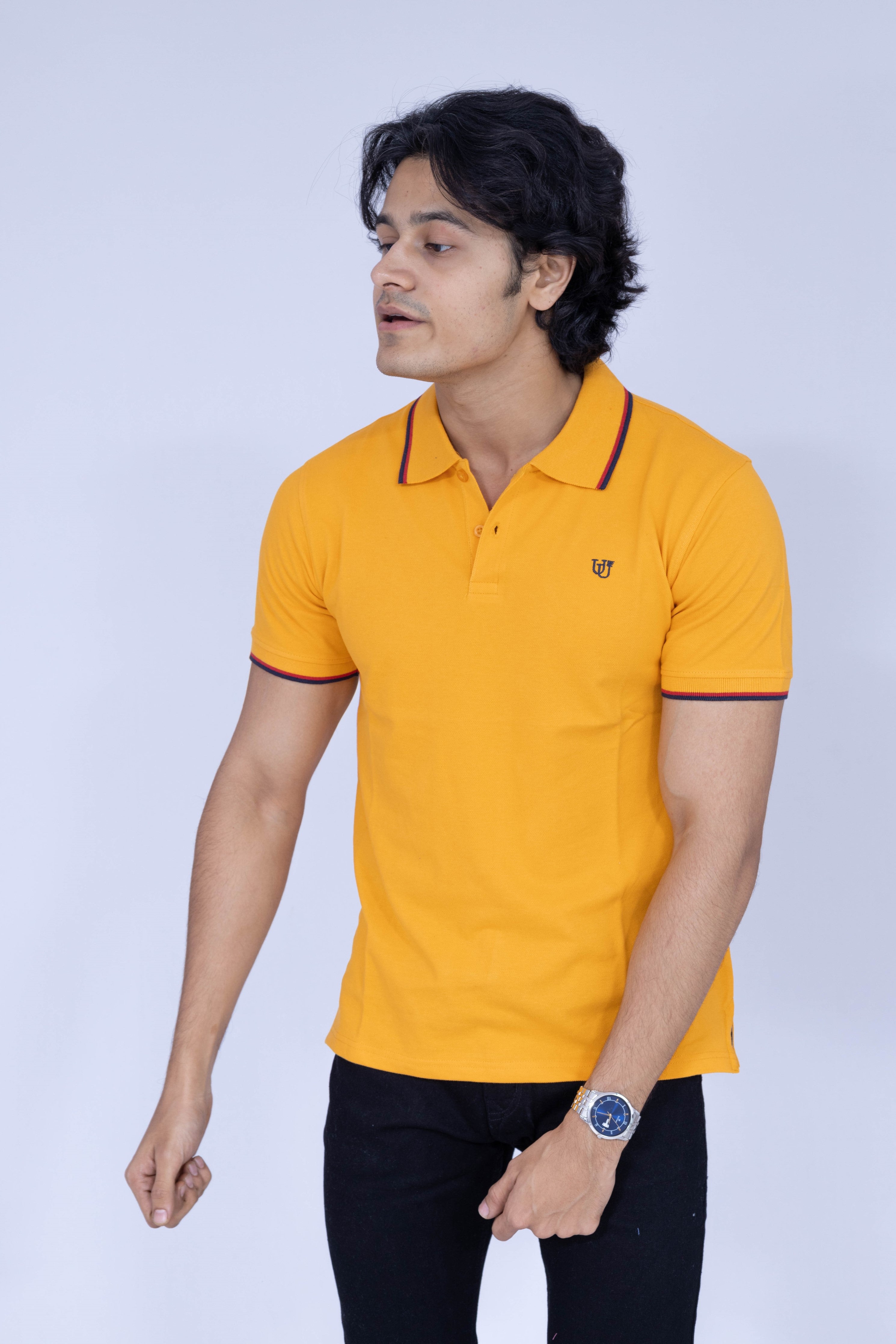 Yellow polo T-shirt with red and white details