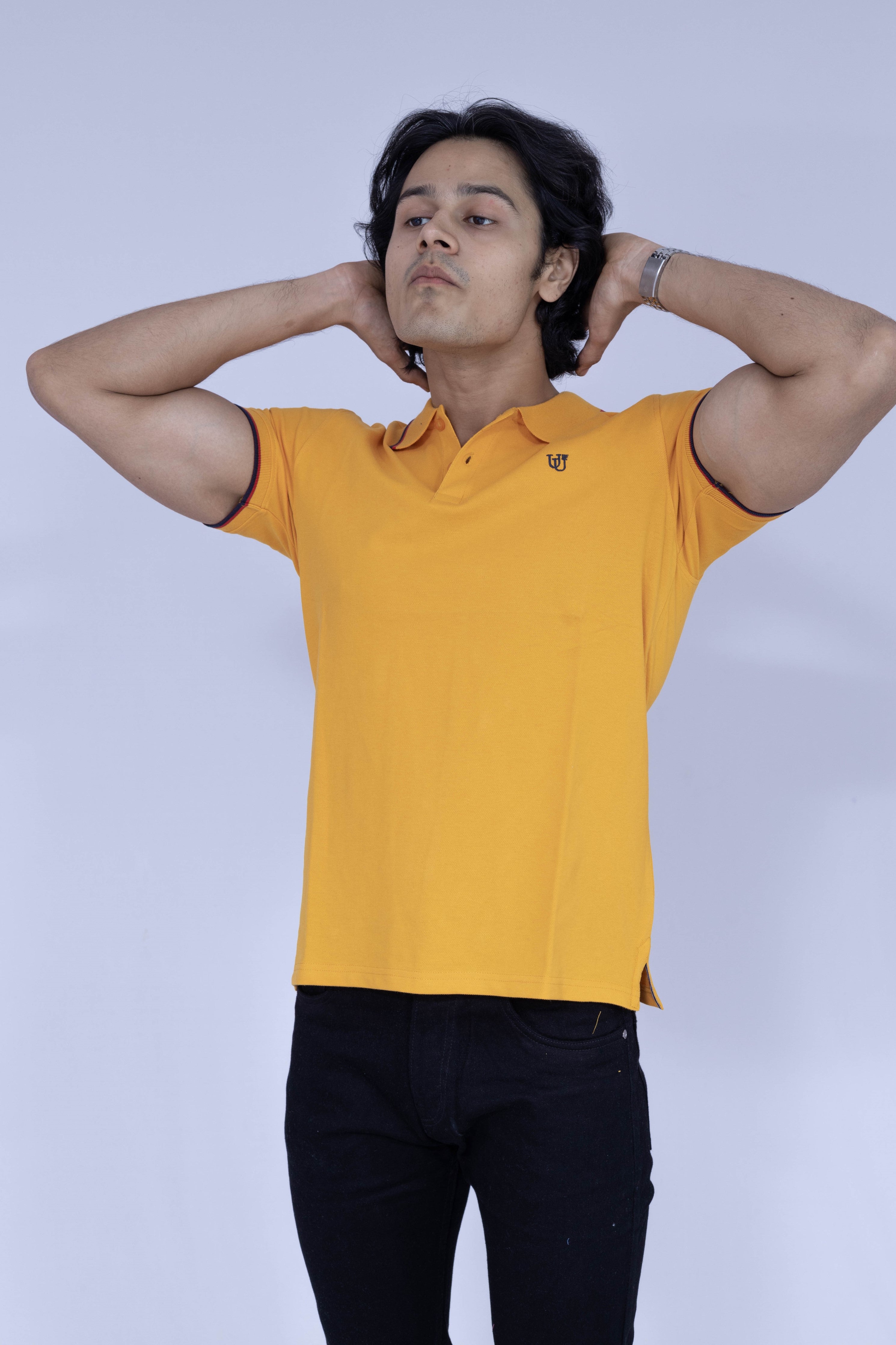 Yellow polo T-shirt with red and white details