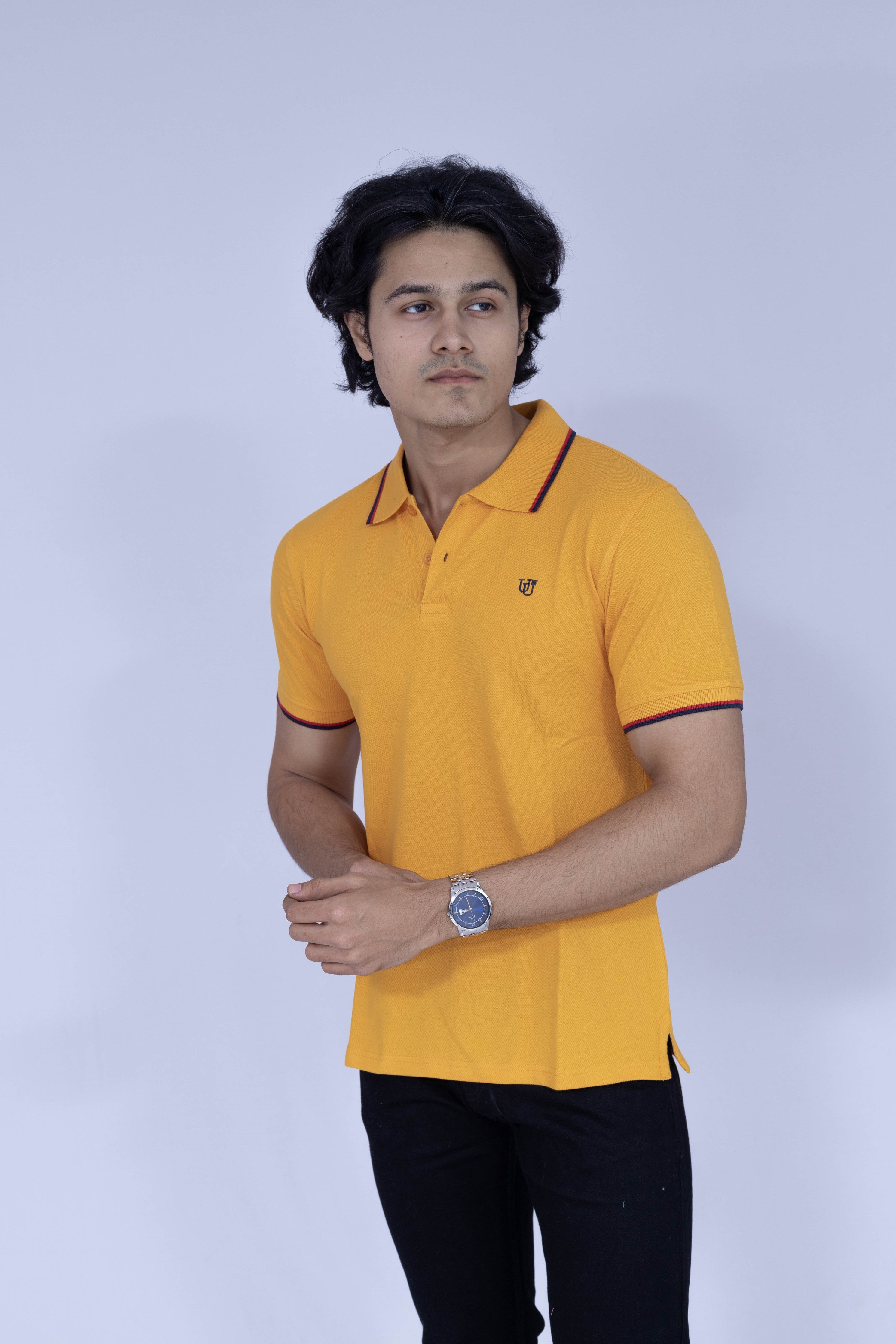 Yellow polo T-shirt with red and white details