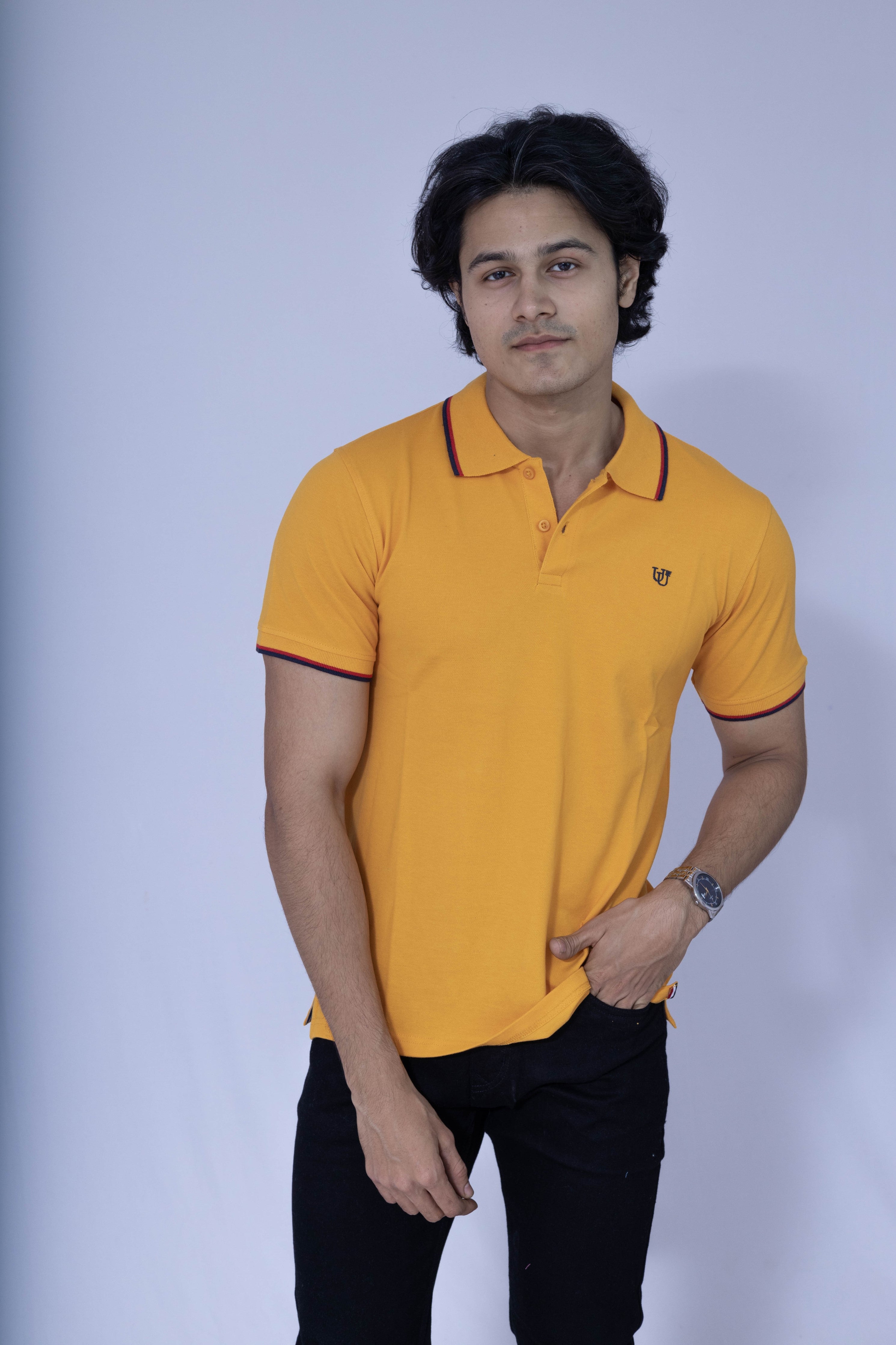 Yellow polo T-shirt with red and white details