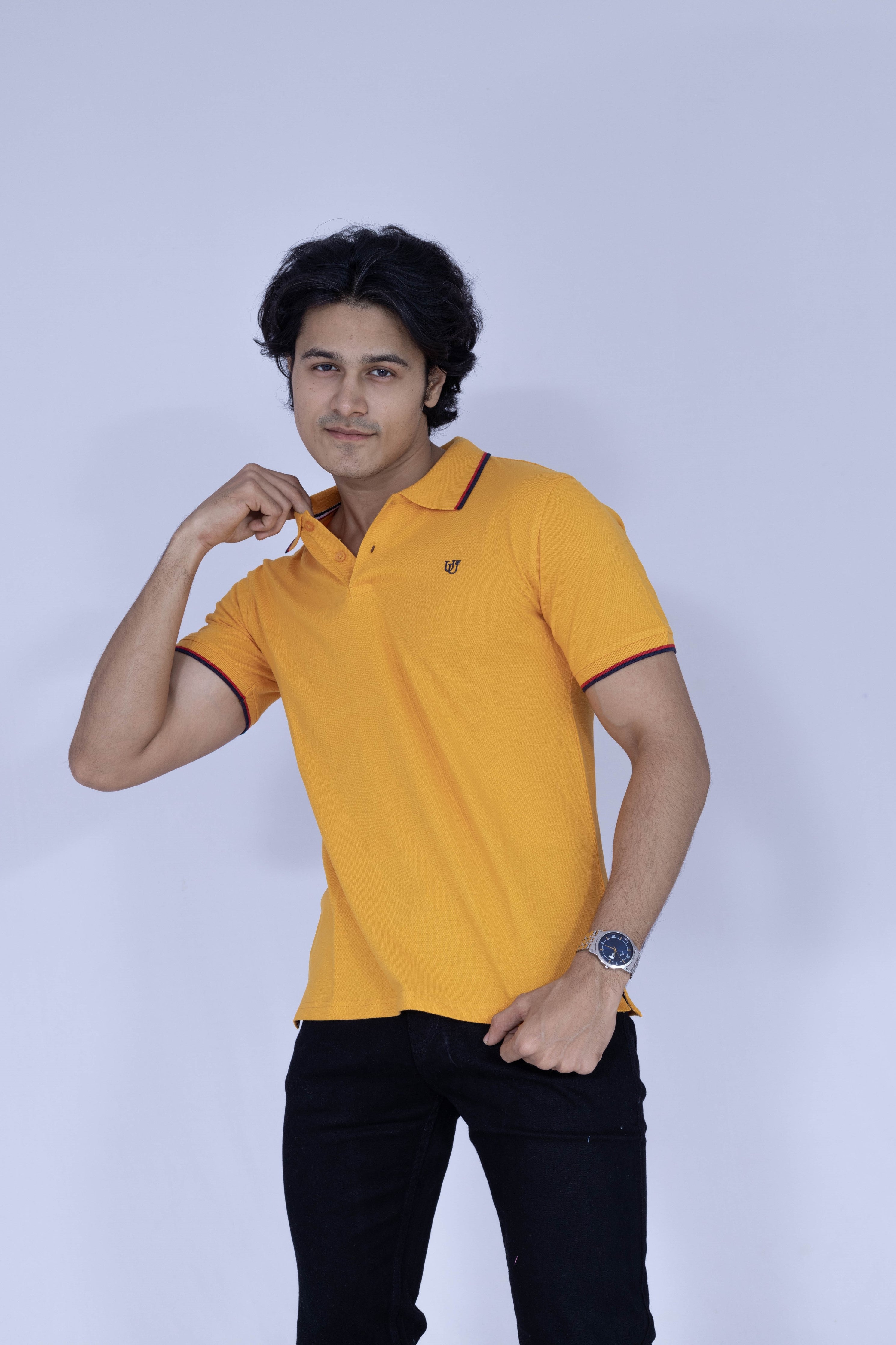 Yellow polo T-shirt with red and white details