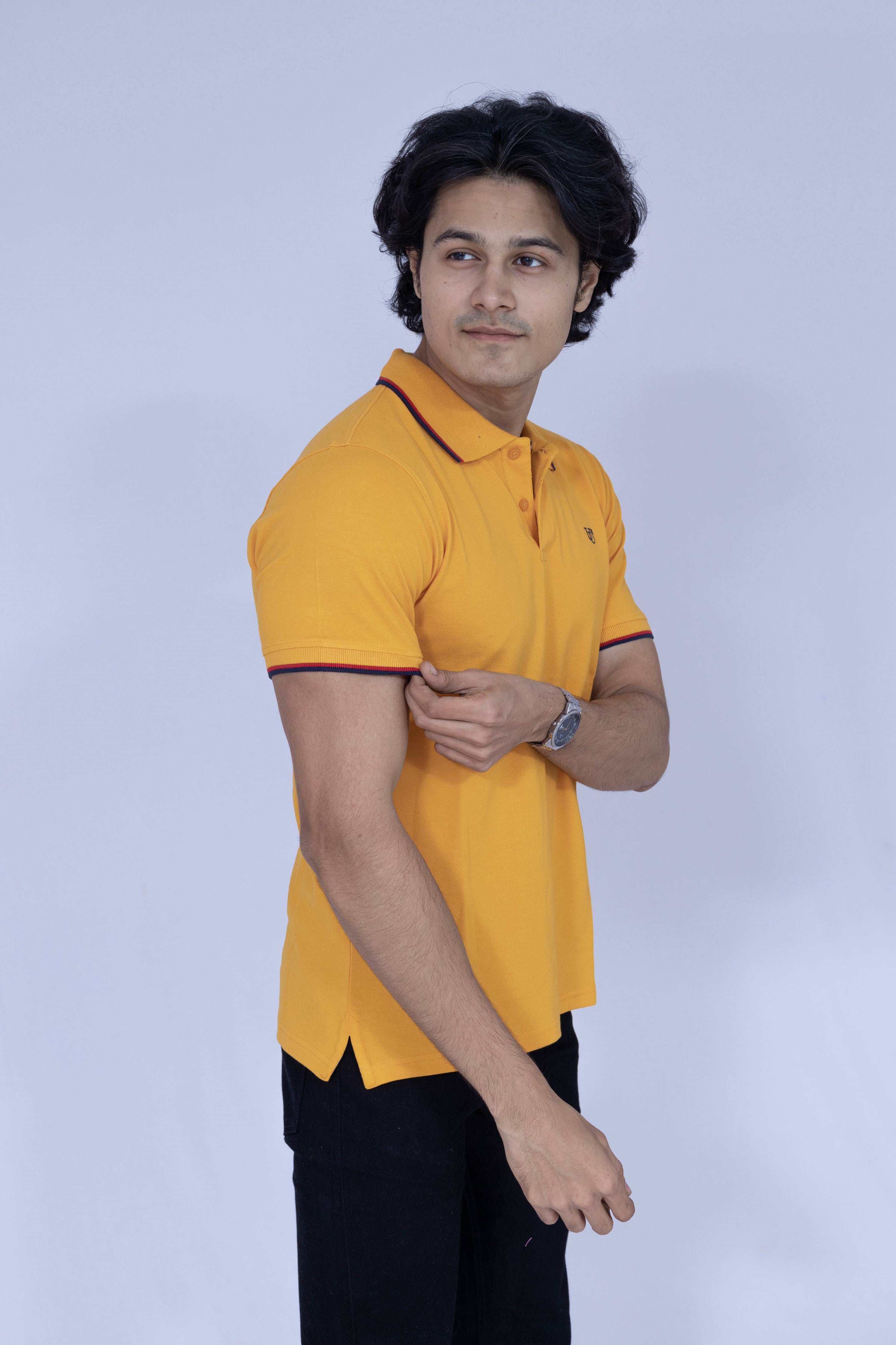 Yellow polo T-shirt with red and white details