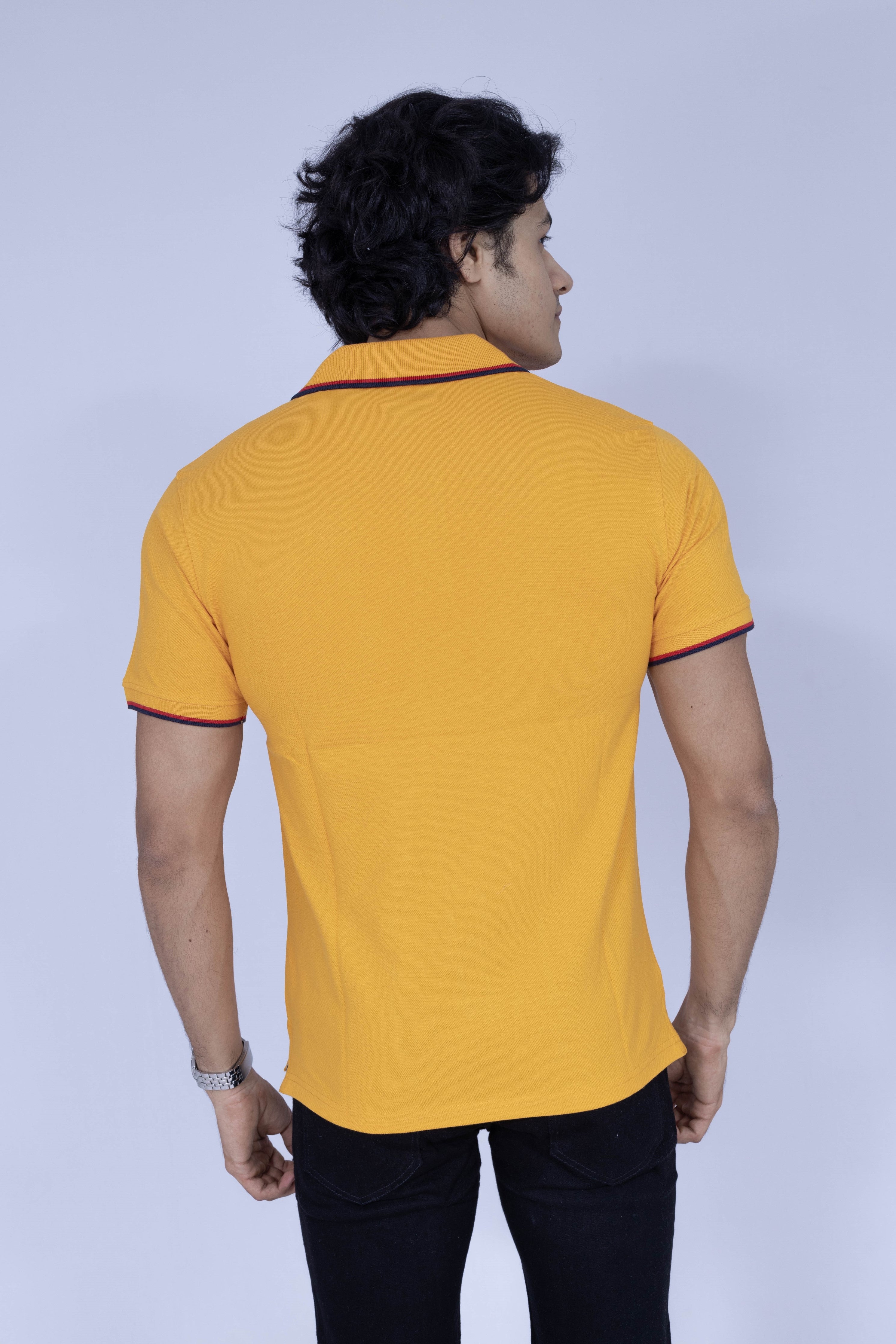 Yellow polo T-shirt with red and white details