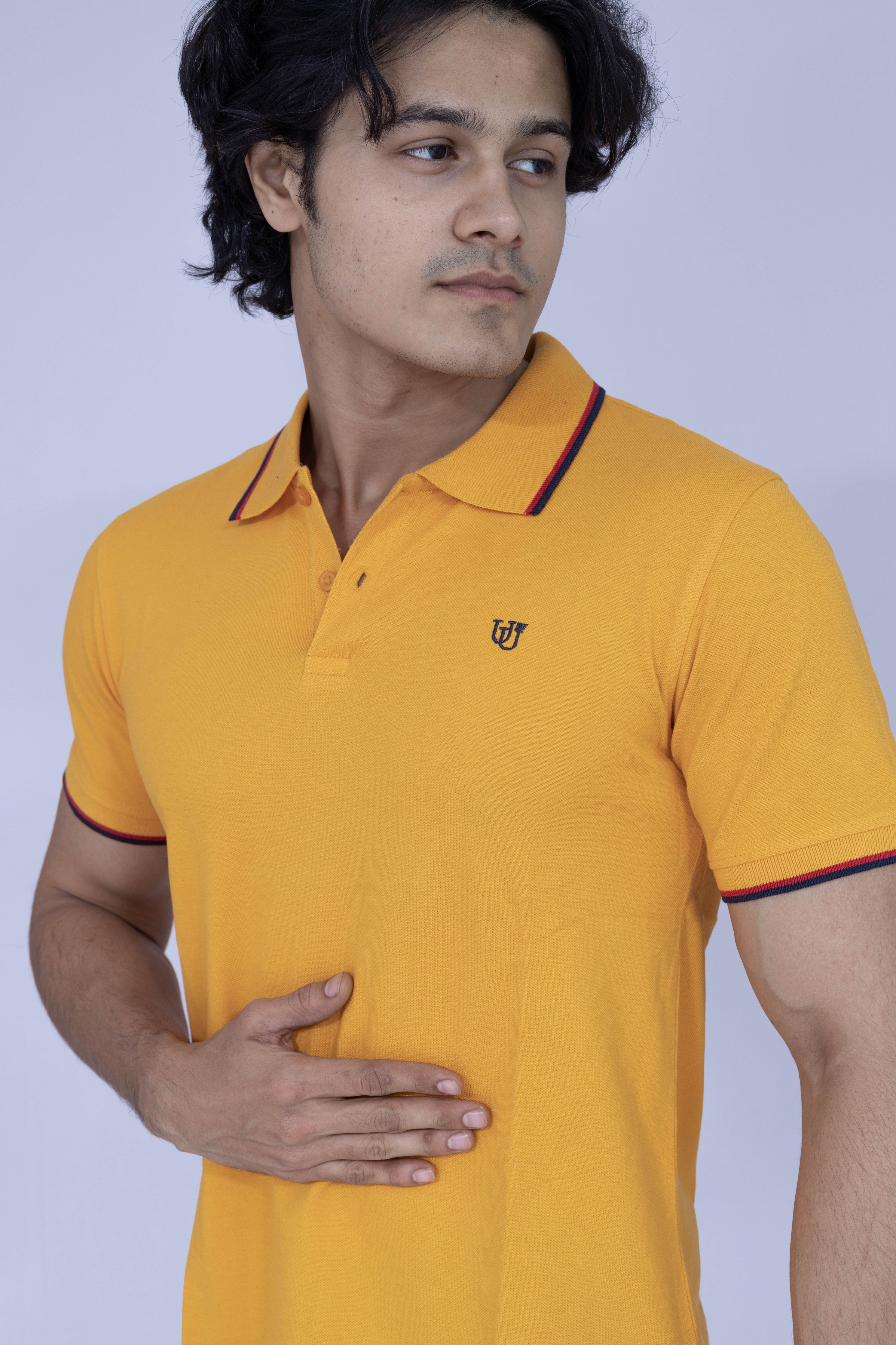 Yellow polo T-shirt with red and white details