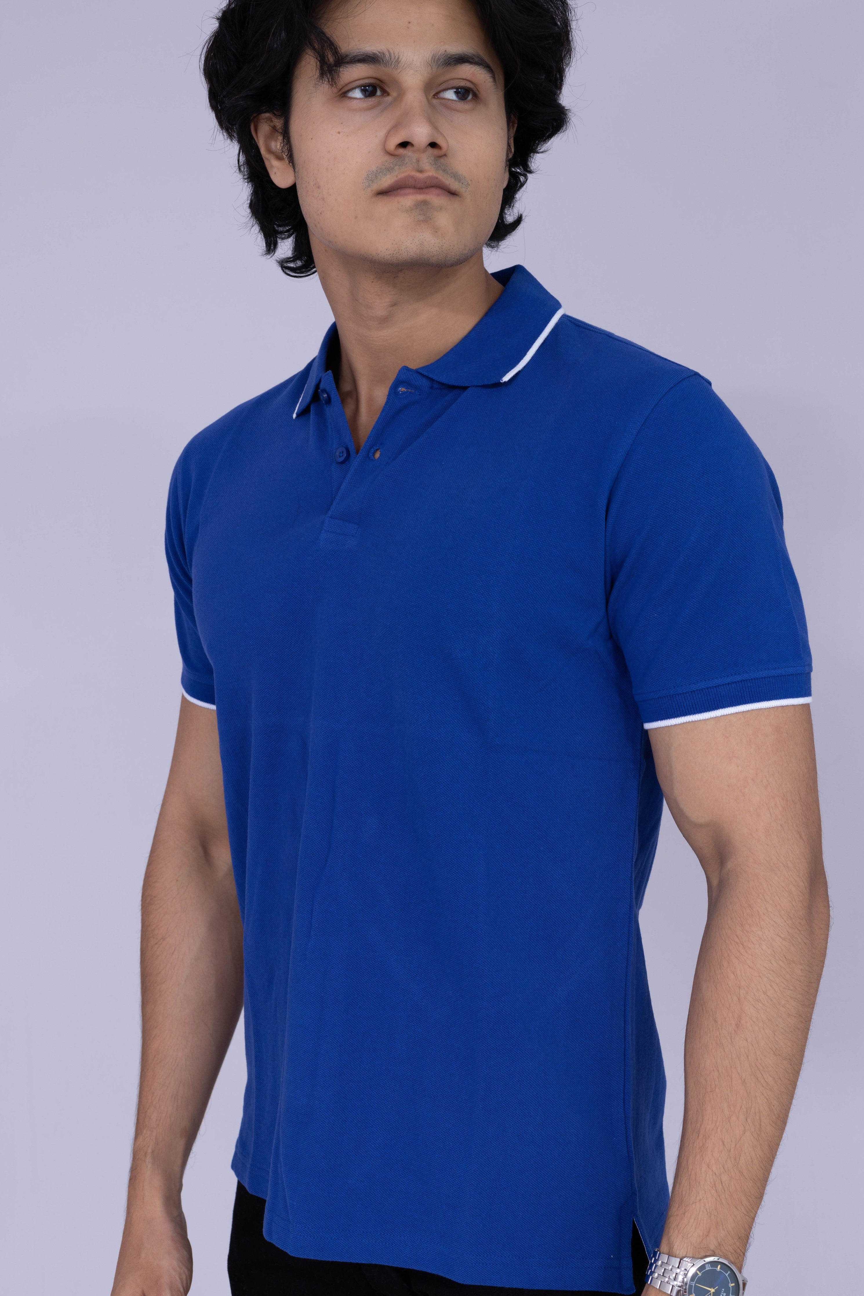 Royal blue polo T-shirt with white tipping