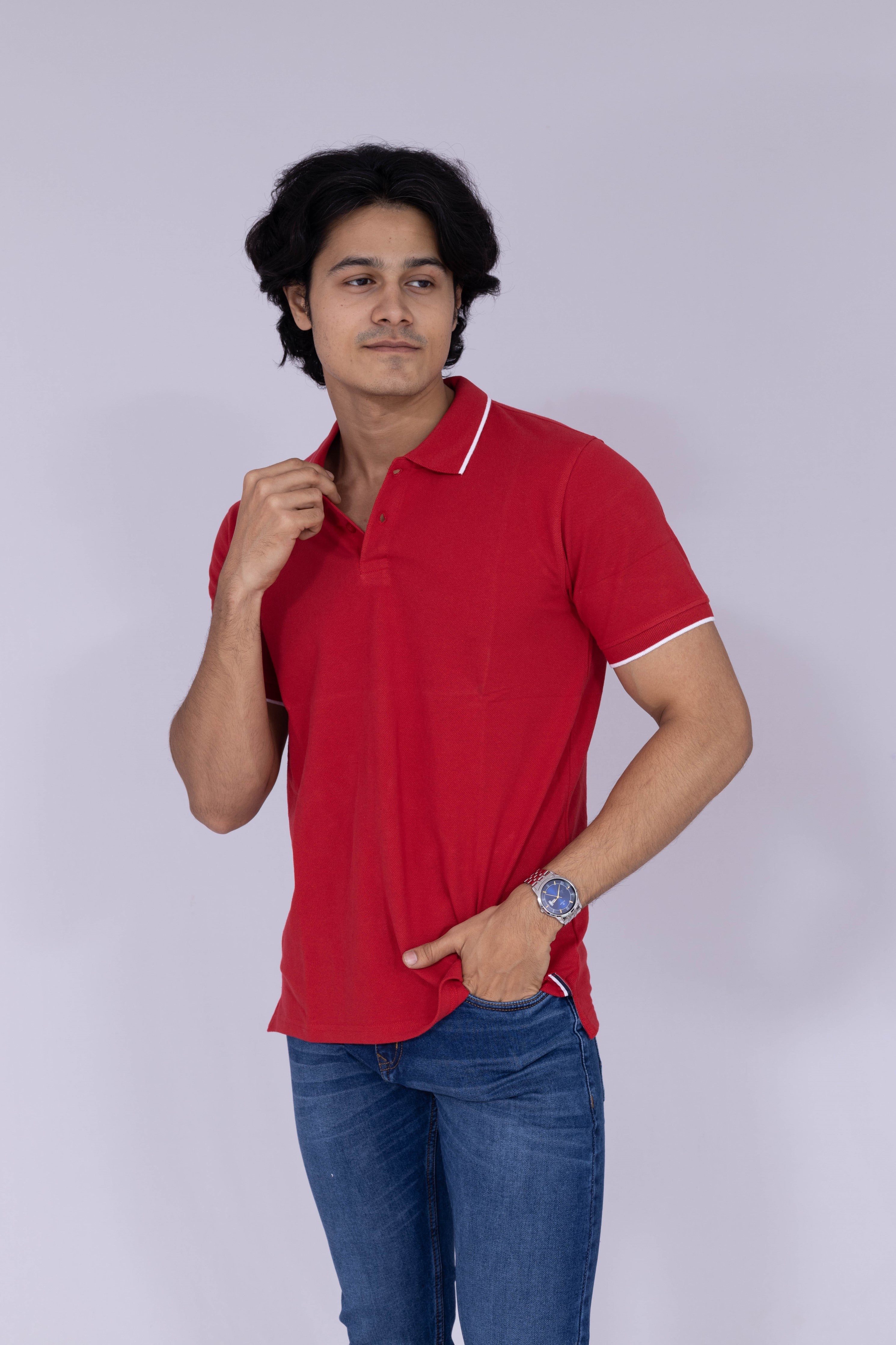 Red polo T-shirt with white tipping details