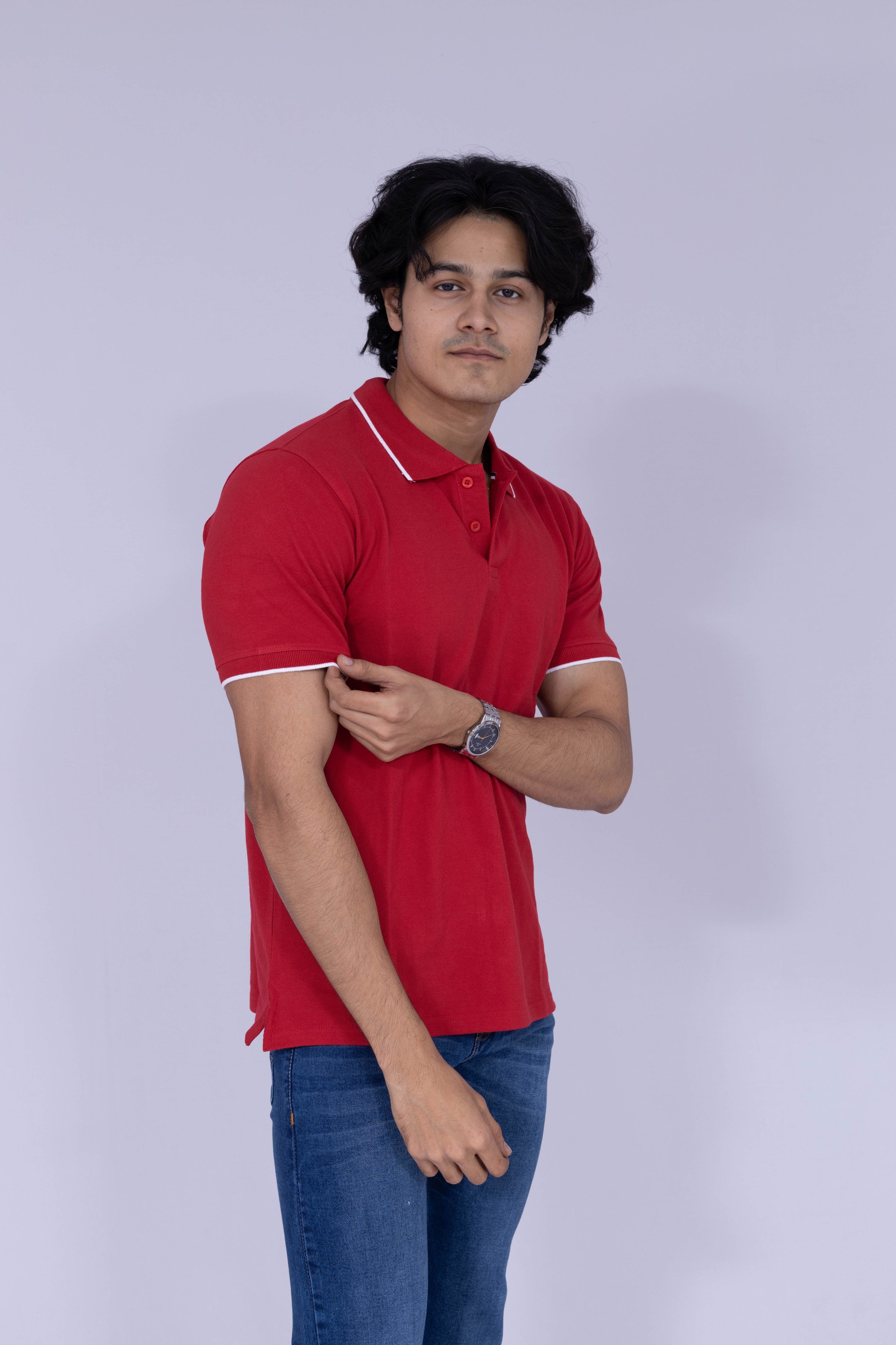 Red polo T-shirt with white tipping details